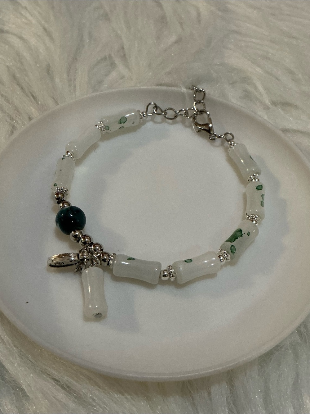 White/green/silver-tone bamboo vibes bead bracelet